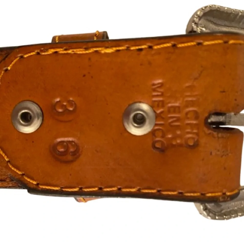 Tooled Brown Leather Belt Men's Size 36 Removable Silver Toned Buckle Mexico
